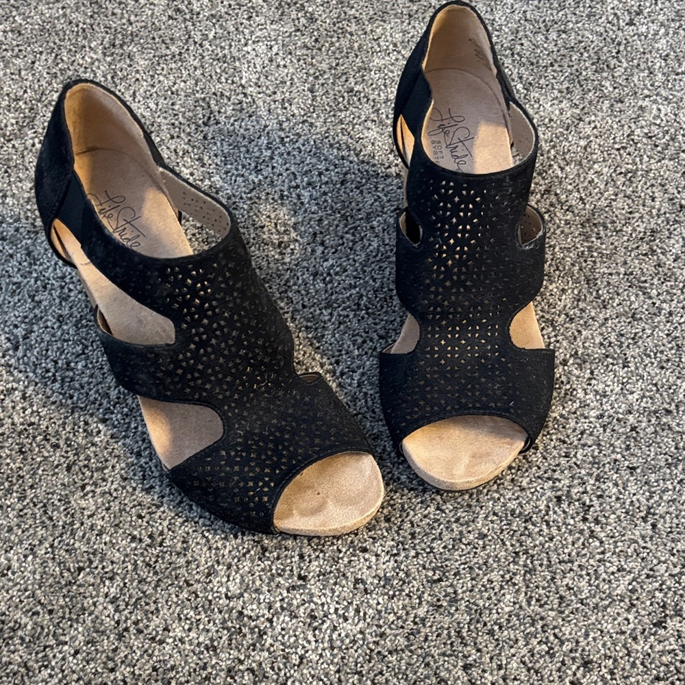 Life Stride Black Laser-Cut Wedge Sandals